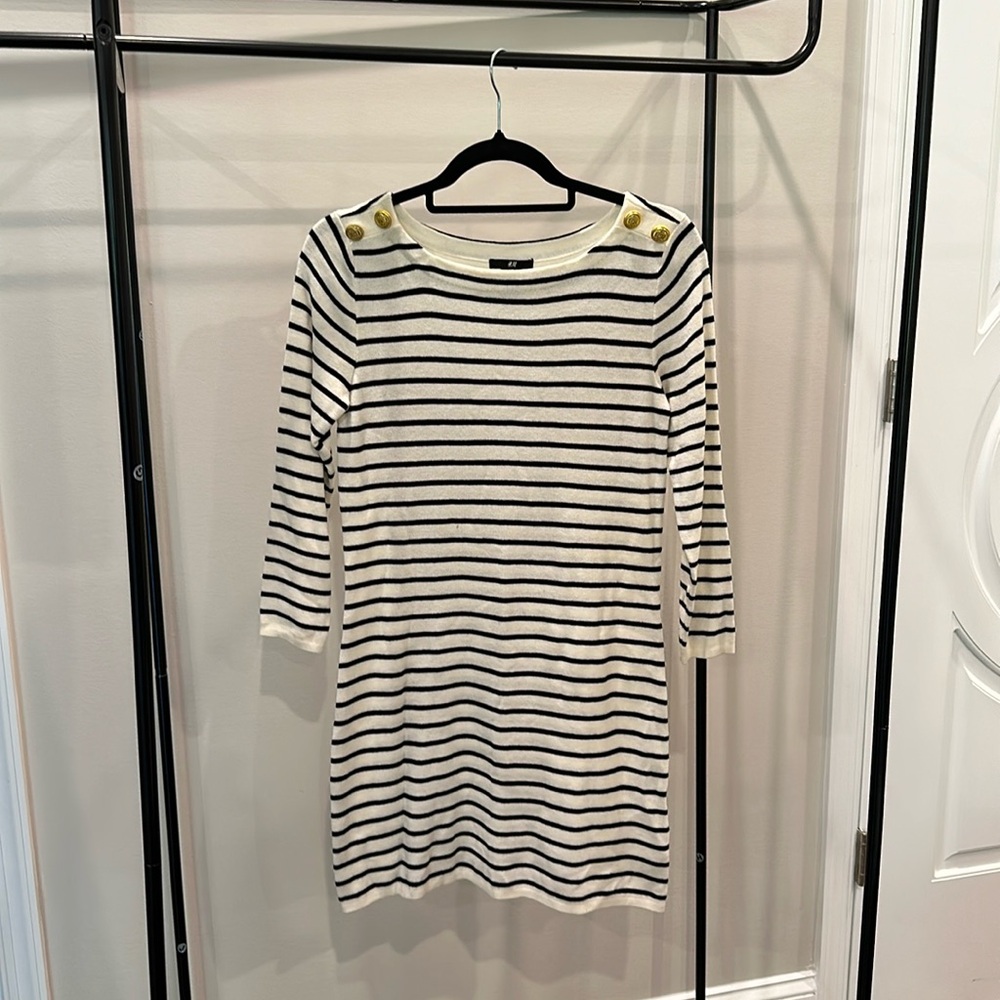 H&M Striped Mid Sleeve Length Dress with Gold Buttons